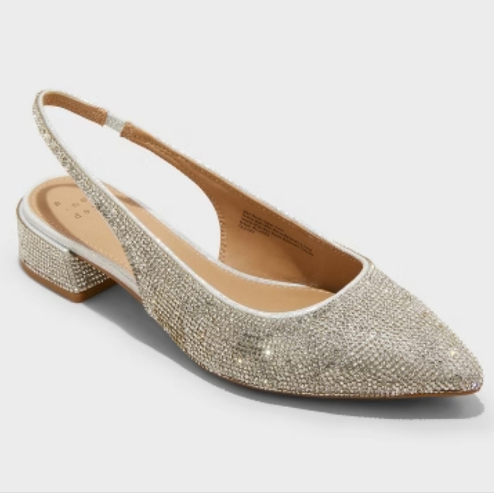 A new day-Elle Rhinestone Slingback Pointed Toe Heels - Silver Size 6.5